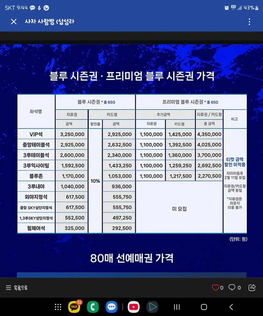 삼성라이온즈 시즌권(풀,주말)유지 안하시는분 연락주세요